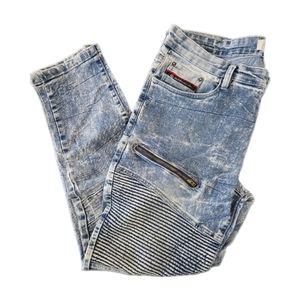 Akademiks Mens Jeanius Moto Jeans Light Blue Stone Acid Wash Zipper Textured